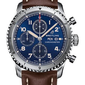 Breitling Aviator 8 Chronograph 43 Watch - Stainless Steel - Blue Dial - Brown Calfskin Leather Strap - Folding Buckle - A13316101C1X4