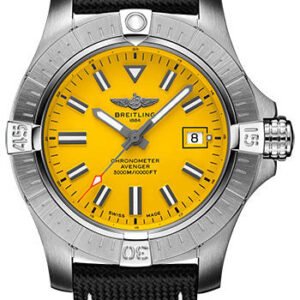 Breitling Avenger Automatic 45 Seawolf Watch - Stainless Steel - Yellow Dial - Anthracite Calfskin Leather Strap - Tang Buckle - A17319101I1X1