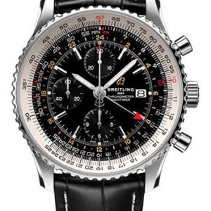 Breitling Navitimer Chronograph GMT 46 Watch - Steel - Black Dial - Black Croco Strap - Tang Buckle - A24322121B2P1