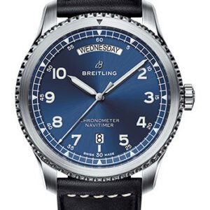 Breitling Aviator 8 Automatic Day & Date 41 Watch - Steel Case - Blue Dial - Black Leather Strap - A45330101C1X1