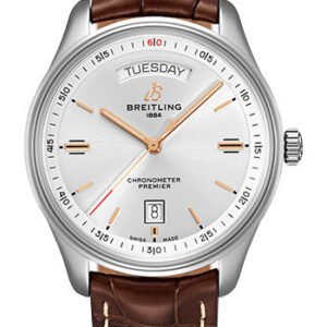 Breitling Premier Automatic Day & Date Watch - 40mm Steel Case - Silver Dial - Brown Croco Strap - A45340211G1P1