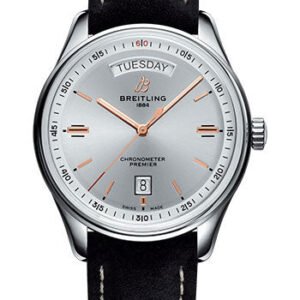 Breitling Premier Automatic Day & Date Watch - 40mm Steel Case - Silver Dial - Black Nubuck Strap - A45340211G1X2