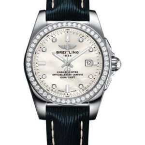 Breitling Galactic 29 Sleek Watch - Stainless Steel - Mother-Of-Pearl Dial - Blue Calfskin Leather Strap - Tang Buckle - A72348531A1X1