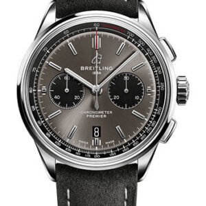 Breitling Premier B01 Chronograph 42 Watch - Steel - Blackeye Gray Dial - Anthracite Nubuck Strap - Folding Buckle - AB0118221B1X1