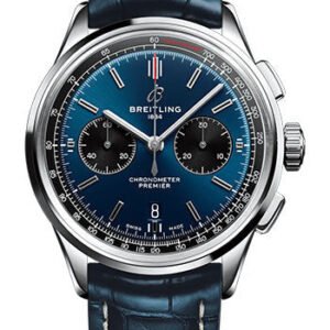 Breitling Premier B01 Chronograph 42 Watch - Stainless Steel - Blue Dial - Blue Alligator Leather Strap - Folding Buckle - AB0118221C1P1