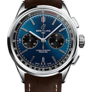Breitling Premier B01 Chronograph 42 Watch - Stainless Steel - Blue Dial - Brown Calfskin Leather Strap - Folding Buckle - AB0118221C1X1