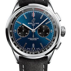 Breitling Premier B01 Chronograph 42 Watch - Stainless Steel - Blue Dial - Anthracite Calfskin Leather Strap - Tang Buckle - AB0118221C1X4