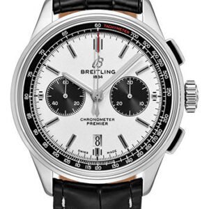 Breitling Premier B01 Chronograph Watch - 42mm Steel Case - Silver Dial - Black Croco Strap - AB0118221G1P1