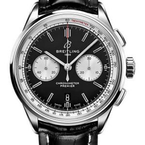 Breitling Premier B01 Chronograph 42 Watch - Stainless Steel - Black Dial - Black Alligator Leather Strap - Folding Buckle - AB0118371B1P1