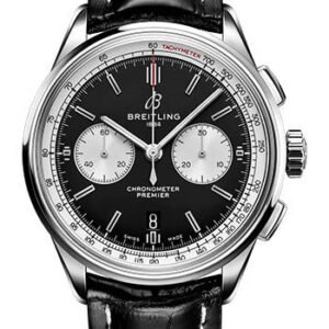 Breitling Premier B01 Chronograph 42 Watch - Stainless Steel - Black Dial - Black Alligator Leather Strap - Tang Buckle - AB0118371B1P2