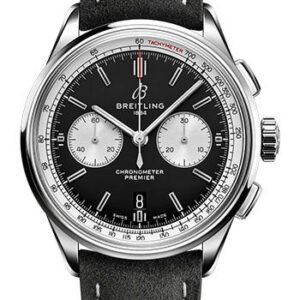 Breitling Premier B01 Chronograph 42 Watch - Stainless Steel - Black Dial - Anthracite Calfskin Leather Strap - Tang Buckle - AB0118371B1X2