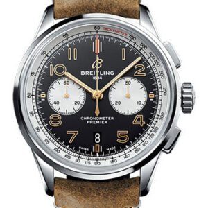 Breitling Premier B01 Chronograph 42 Norton Watch - Steel - Black Dial - Brown Leather Strap - Tang Buckle - AB0118A21B1X2