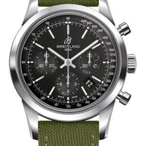Breitling Transocean Chronograph Watch - Steel - Black Dial - Khaki Green Military Strap - Tang Buckle - AB015212/BA99/106W/A20BA.1