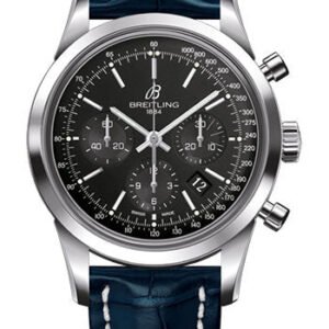 Breitling Transocean Chronograph Watch - Steel - Black Dial - Blue Croco Strap - Tang Buckle - AB015212/BA99/731P/A20BA.1