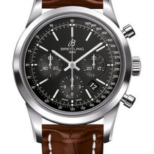 Breitling Transocean Chronograph Watch - Steel - Black Dial - Gold Croco Strap - Tang Buckle - AB015212/BA99/737P/A20BA.1