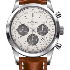 Breitling Transocean Chronograph Watch - Steel - Mercury Silver Dial - Gold Leather Strap - Folding Buckle - AB015212/G724/434X/A20D.1