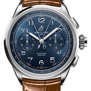Breitling Premier B15 Duograph 42 Watch - Stainless Steel - Blue Dial - Gold Brown Alligator Leather Strap - Folding Buckle - AB1510171C1P1