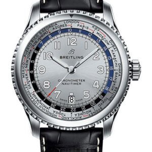 Breitling Aviator 8 B35 Automatic Unitime 43 Watch - Steel Case - Mercury Silver Dial - Black Croco Strap - AB3521U01G1P2