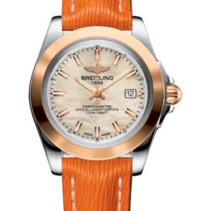 Breitling Galactic 32 Sleek Watch - Steel and 18K Rose Gold - Mother-Of-Pearl Dial - Orange Calfskin Leather Strap - Tang Buckle - C71330121A1X1