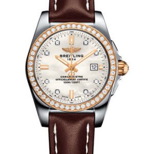 Breitling Galactic 29 Sleek Watch - Steel & rose Gold, gem-set bezel - Pearl Diamond Dial - Brown Leather Strap - Tang Buckle - C7234853/A792/484X/A12BA.1