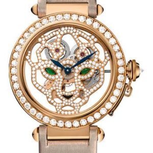 Cartier Pasha Skeleton Watch - 42 mm Pink Gold Diamond Case - Pink Gold Dial - Brown Fabric Strap - HPI00508