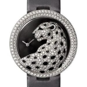 Cartier Panthere Divine Watch - 38 mm White Gold Diamond Case - Black Dial - Black Alligator Strap - HPI00648
