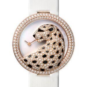 Cartier Panthere Divine Watch - 38 mm Pink Gold Diamond Case - Mother-Of-Pearl Dial - White Alligator Strap - HPI00762