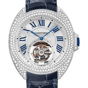 Cartier Cle de Cartier Flying Tourbillon Watch - 35 mm White Gold Diamond Case - Brass Dial - Navy Blue Alligator Strap - HPI00933