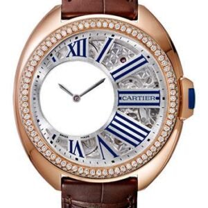 Cartier Cle de Cartier Mysterious Hours Watch - 41 mm Pink Gold Diamond Case - Silvered Openworked Grid Dial - Brown Alligator Strap - HPI00945