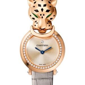 Cartier La Panthere Watch - 23.6 mm Pink Gold Diamond Case - Pink Dial - Light Gray Leather Strap - HPI01379