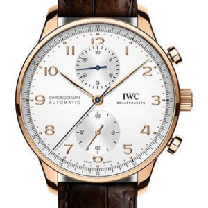 IWC Portugieser Chronograph Watch - 41.0 mm 5N Gold Case - Silver Dial - Dark Brown Alligator Strap - IW371611