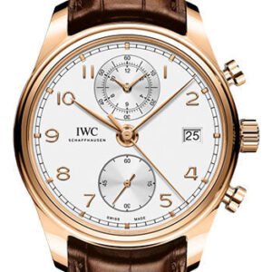 IWC Portugieser Chronograph Classic Watch - 42 mm Red Gold Case - Silver Dial - Brown Alligator Strap - IW390301