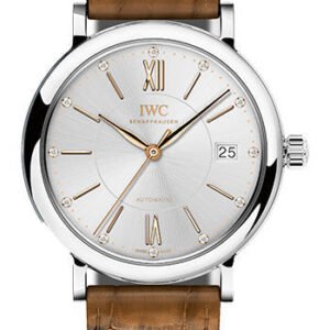 IWC Portofino Midsize Automatic Watch - 37 mm Stainless Steel Case - Silver Dial - Light Brown Alligator Strap - IW458101
