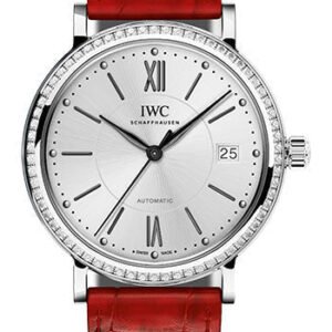 IWC Portofino Midsize Automatic Watch - 37 mm Stainless Steel Case - Silver Dial - Red Alligator Strap - IW458109