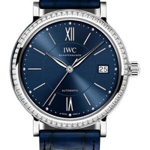 IWC Portofino Automatic 37 Watch - 37.0 mm Stainless Steel Case - Diamond Bezel - Blue Dial - Blue Alligator Strap - IW458111