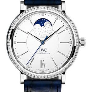 IWC Portofino Automatic Moon Phase 37 Watch - 37.0 mm Stainless Steel Case - Diamond Bezel - Silver Dial - Blue Alligator Strap - IW459008