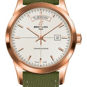 Breitling Transocean Day & Date Watch - 18k Red Gold - Mercury Silver Dial - Khaki Green Military Strap - Tang Buckle - R4531012/G752/106W/R20BA.1