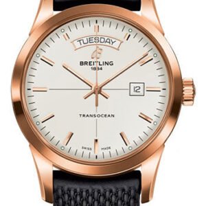 Breitling Transocean Day & Date Watch - 18k Red Gold - Mercury Silver Dial - Black Rubber Aero Classic Strap - R4531012/G752/279S/R20D.3