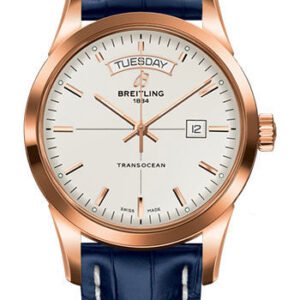 Breitling Transocean Day & Date Watch - 18k Red Gold - Mercury Silver Dial - Blue Croco Strap - Folding Buckle - R4531012/G752/732P/R20D.1