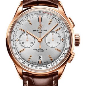 Breitling Premier B01 Chronograph 42 Watch - 18K Red Gold - Silver Dial - Brown Alligator Leather Strap - Folding Buckle - RB0118371G1P2