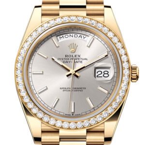 Rolex Day-Date 40 Silver Dial Diamond Bezel Yellow Gold President Men's Watch 228348RBR 228348