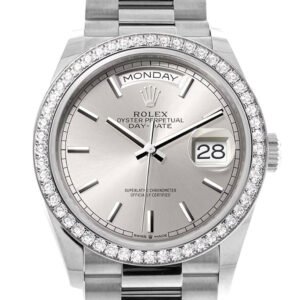 Rolex Day-Date 36 Silver Dial Diamond Bezel White gold President Watch 128349RBR