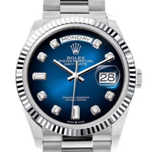 Rolex Day-Date 36 Blue Ombre Diamond Dial Fluted Bezel Platinum President Watch 128236