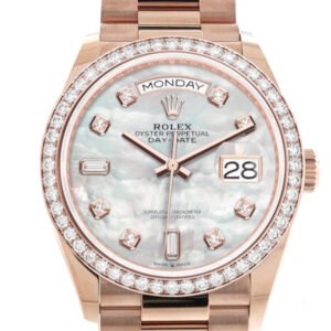 Rolex Day-Date 36 Mother of Pearl Diamond Dial Diamond Bezel 18K Everose Gold President Watch 128345RBR