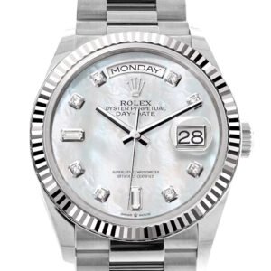 Rolex Day-Date 36 Mother of Pearl Diamond Dial Fluted Bezel White gold President Watch 128239