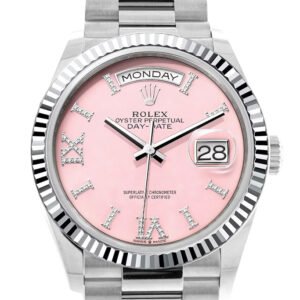 Rolex Day-Date 36 Pink Opal Diamond Dial Fluted Bezel Platinum President Watch 128236