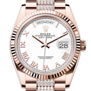 Rolex Day-Date 36 White Dial Fluted Bezel 18K Everose gold Diamond President Watch 128235