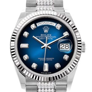 Rolex Day-Date 36 Blue Ombre Diamond Dial Fluted Bezel White Gold Diamond President Watch 128239