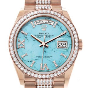 Rolex Day-Date 36 Turquoise Dial Diamond Bezel 18K Everose Gold Diamond President Watch 128345RBR