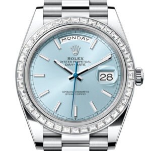 Rolex Day-Date 40 Ice Blue Dial Baguette Diamond Bezel Platinum President Men's Watch 228396TBR